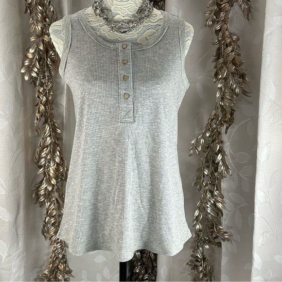 White Birch Small Gray Ribbed Henley Tank Top Neon Stitch Minimalist‎ - Picture 1 of 10